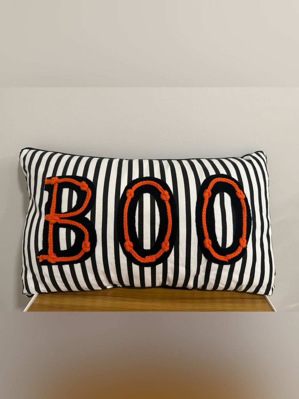 Halloween BOO Throw Pillow 20x12 Black White Striped Orange Decor